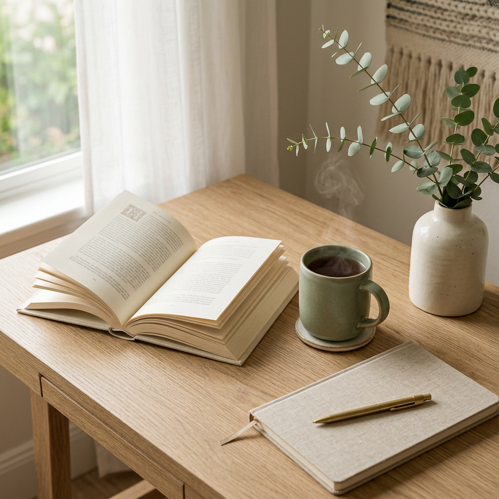 Mesa de advocacia com livro aberto e chá — ambiente de escuta e humanização, Advo Campinas